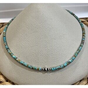 Green Turquoise Stabilized 6mm Heishi Navajo Pearls Sterling Silver Necklace 18”